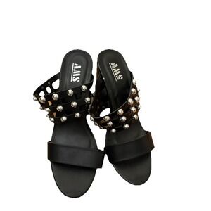 A.M.S. Women's Black Studded Block Heel Mules Sandals Size 10